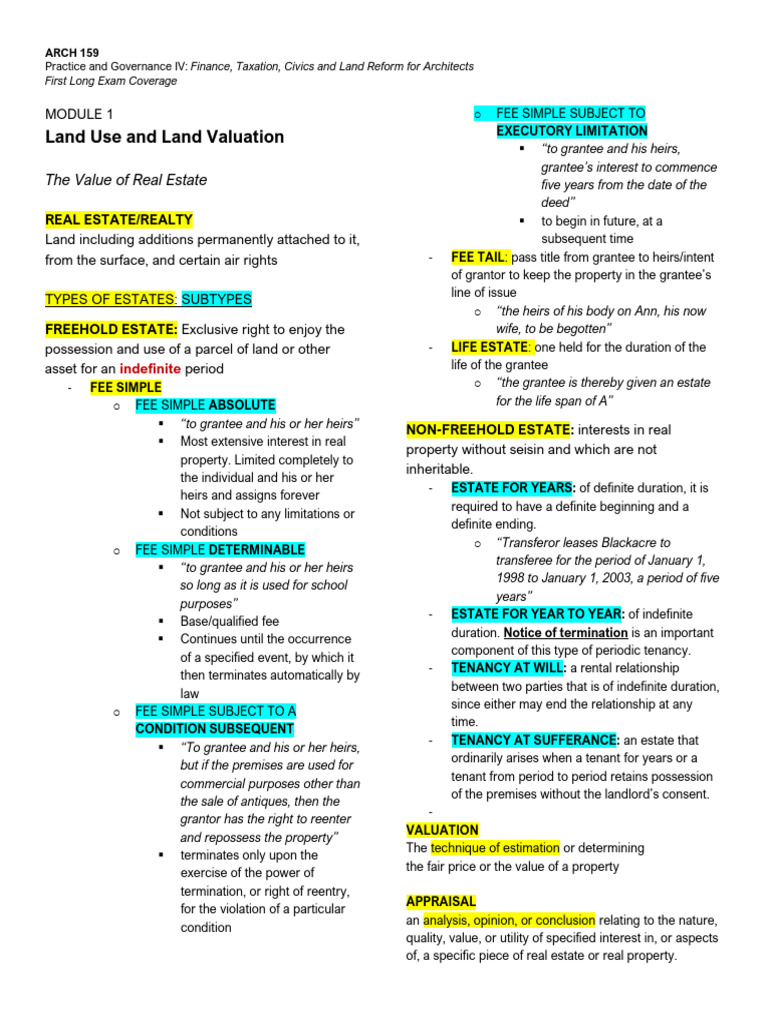 ARCH 159 Module 1 Reviewer | PDF | Fee Simple | Leasehold Estate