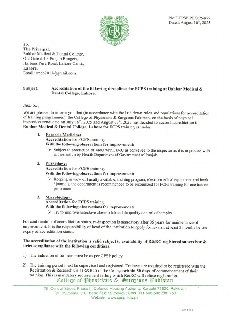 Accreditation Letter Rahbar Medical & Dental College, Lahore (FCPS) - 1 ...