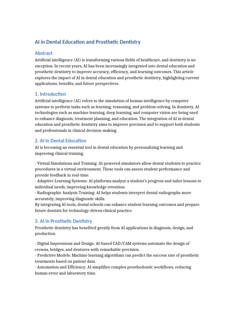 AI in Dental Education and Prosthetic Dentistry | PDF | Artificial ...