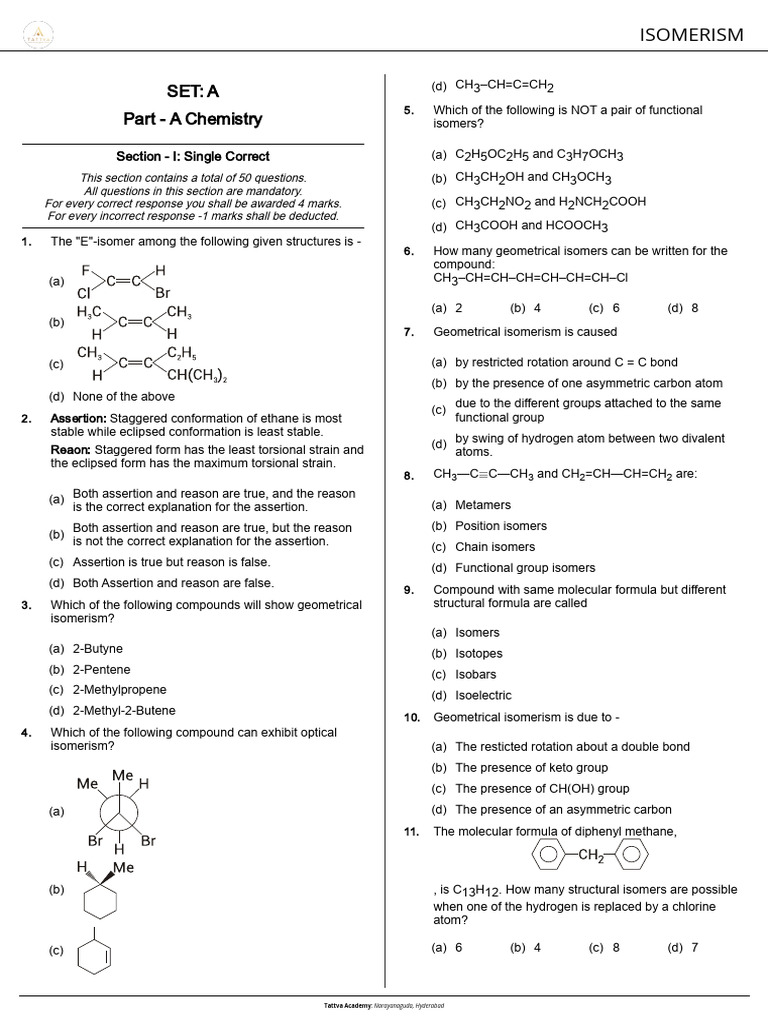 Chemistry Isomerism Practice Questions | PDF | Isomer | Chemistry