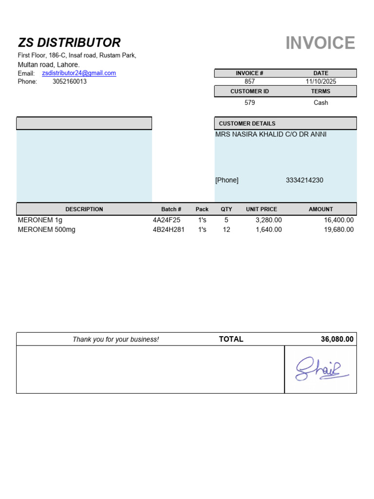 Invoice for ZS Distributor Services | PDF