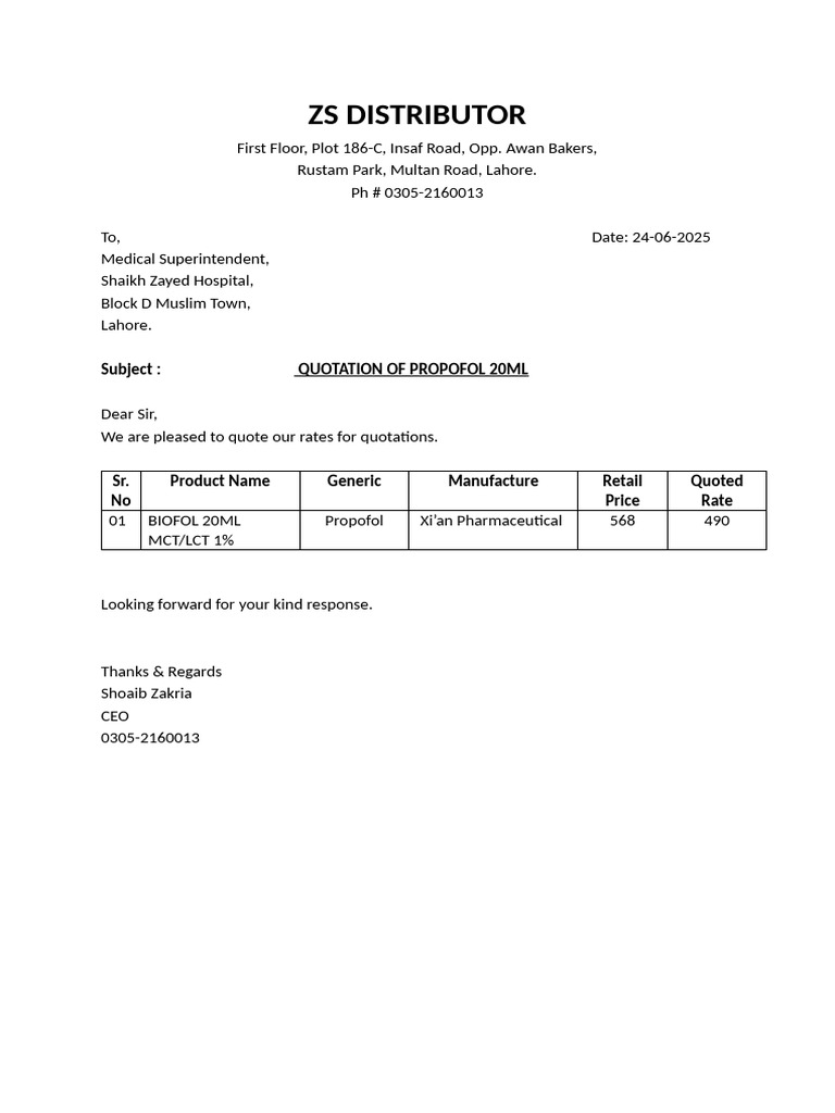 Propofol 20ML Quotation for Shaikh Zayed Hospital | PDF