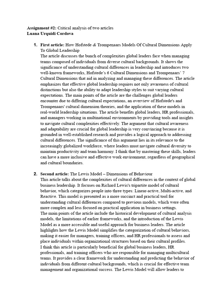 Assignment #2_ Critical Analysis of Two Articles | PDF | Leadership ...