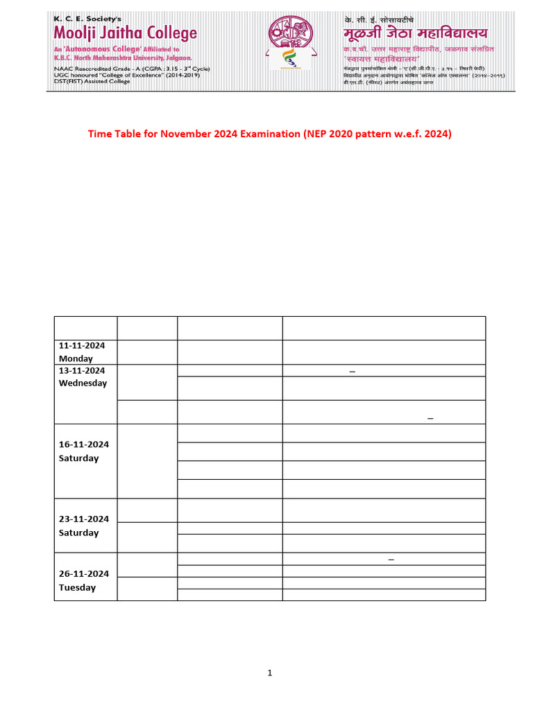 Ba Sem I Nov 2024 Time Table Nep24 | PDF
