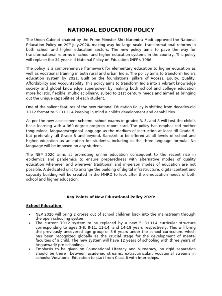 National Education Policy 2020 Overview | PDF | Curriculum | Schools