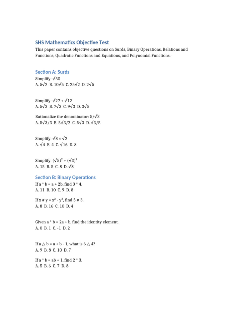 SHS Mathematics Objective Test Guide | PDF