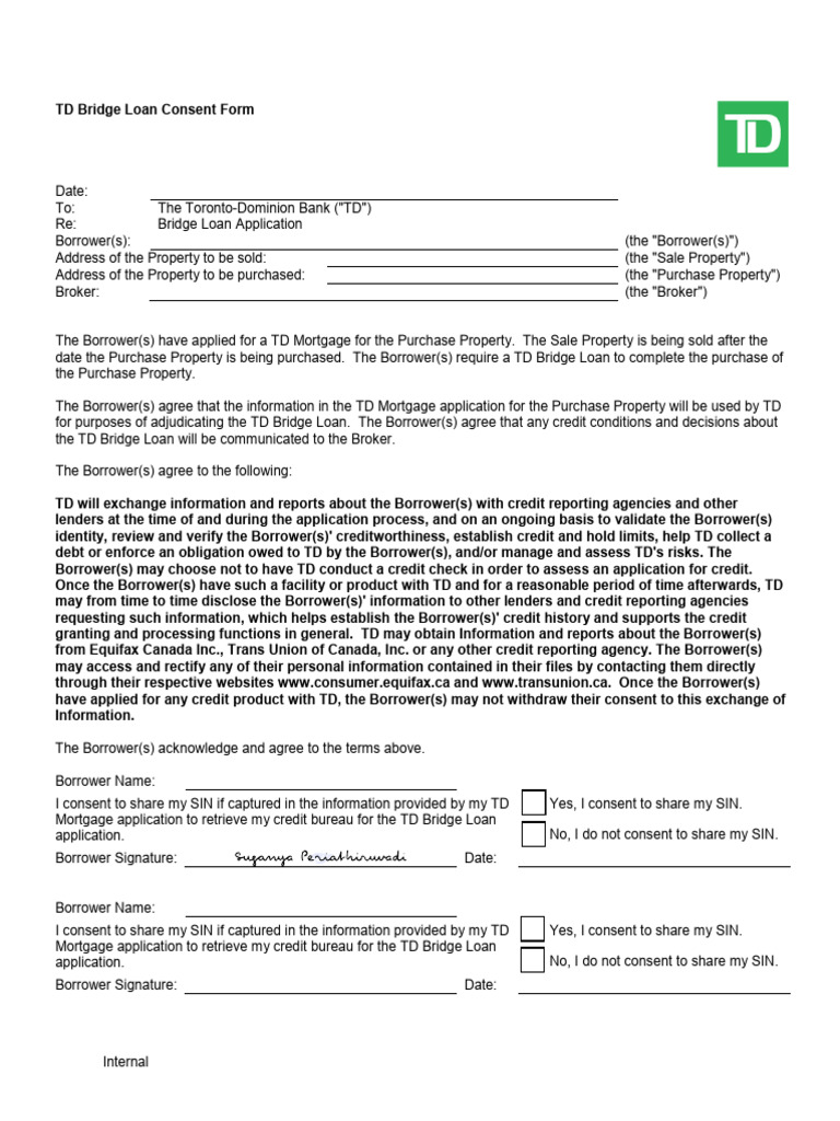 TD Bridge Loan Consent Form | PDF | Loans | Credit Score