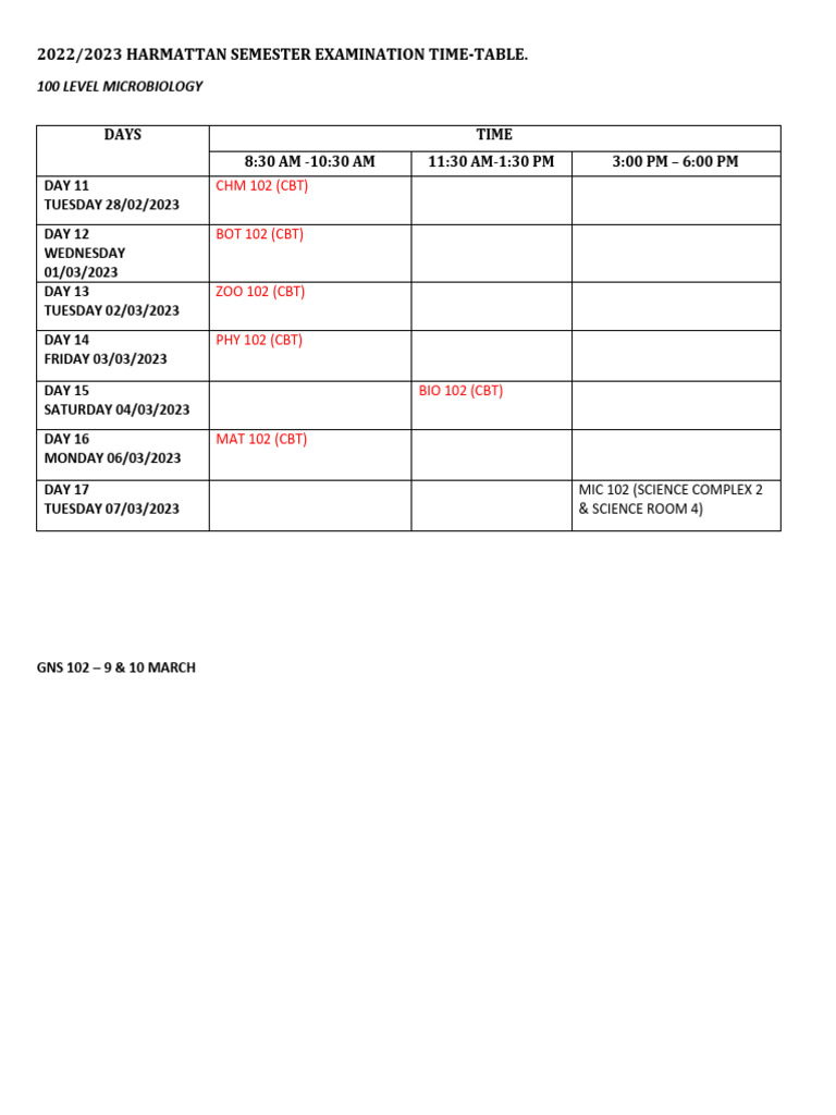 100l Mic Timetable (Extracted) | PDF