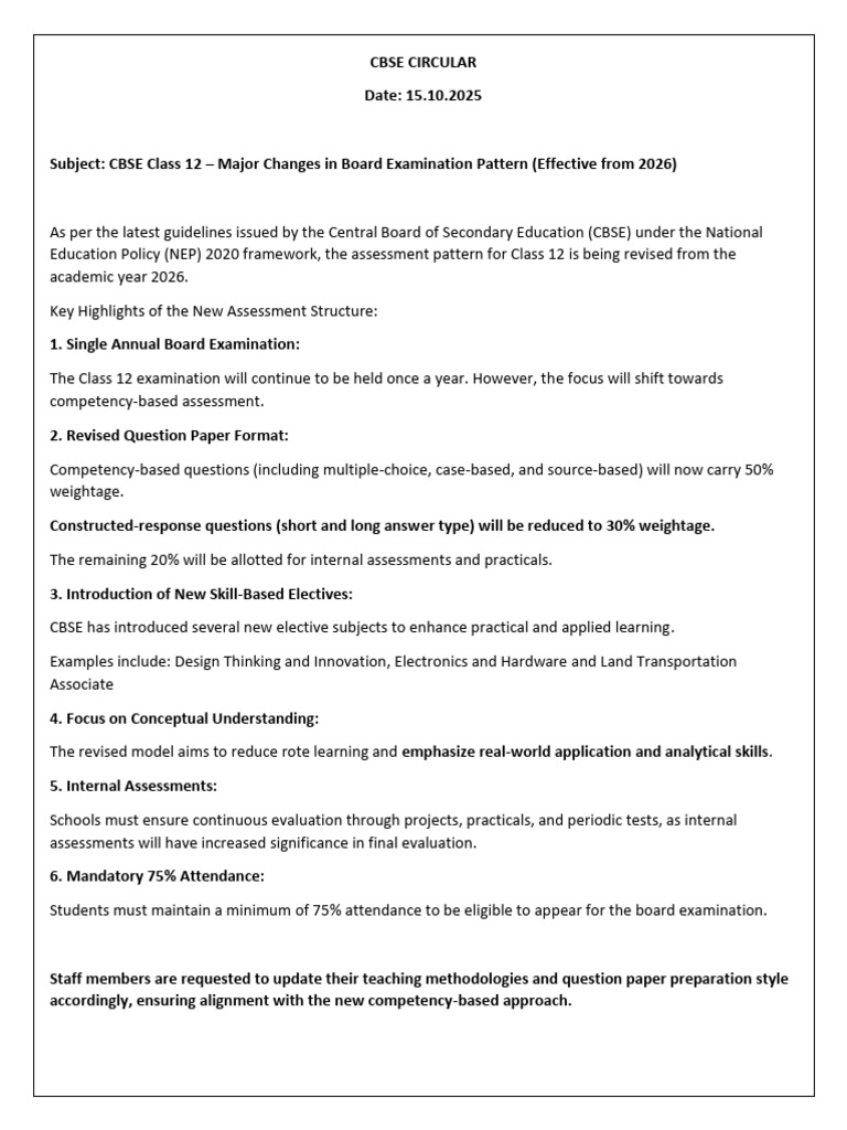 CBSE Class 12 Exam Pattern Changes 2026 | PDF