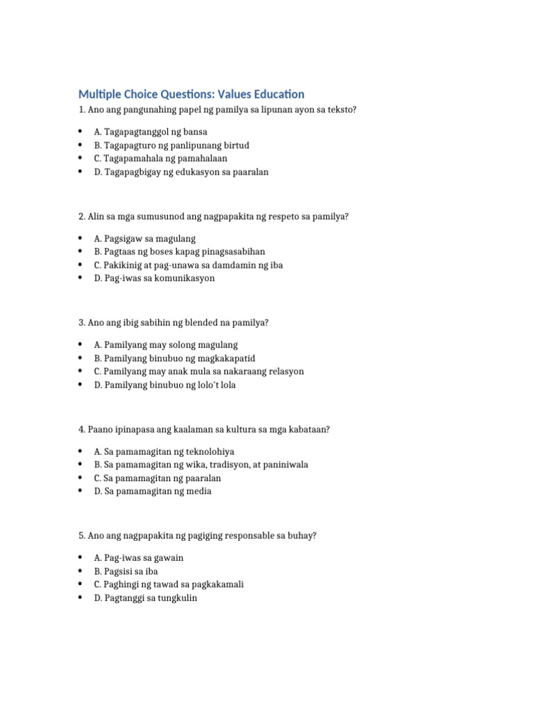 Values Education MCQ | PDF