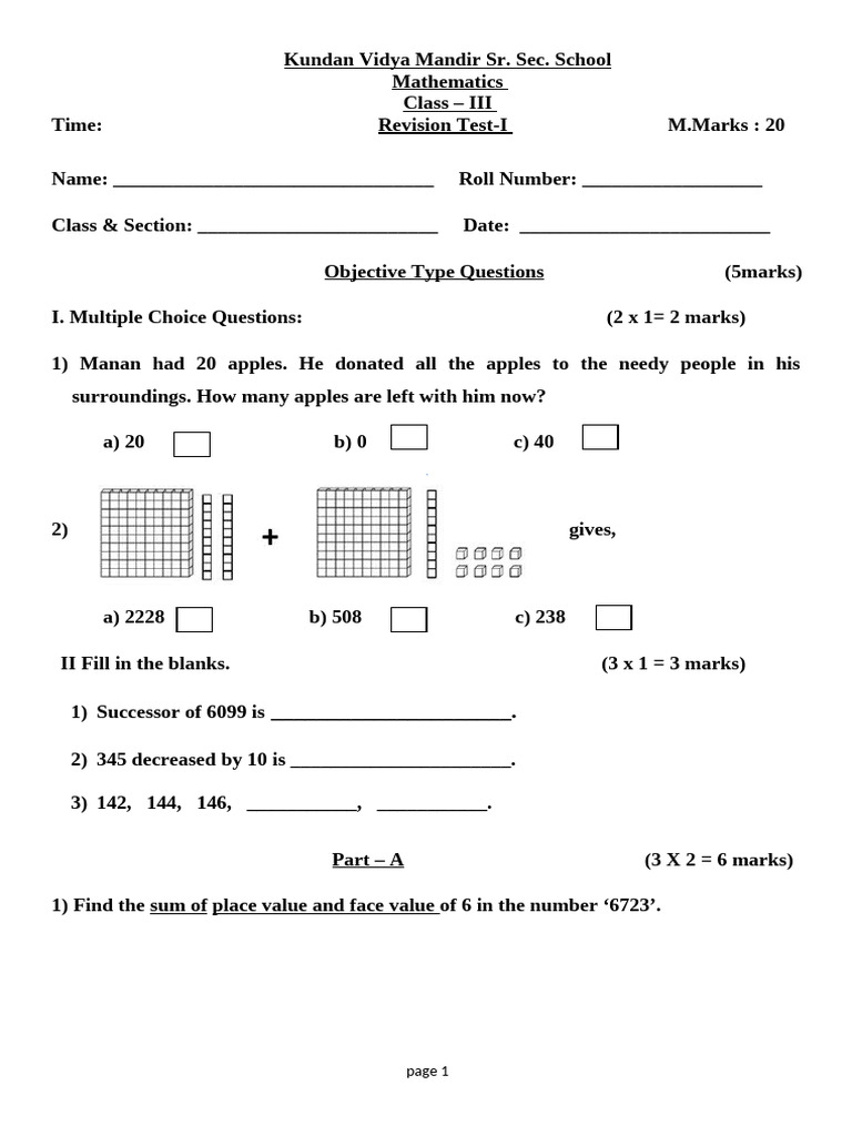 Class 3 Math Revision Test Questions | PDF | Mathematics