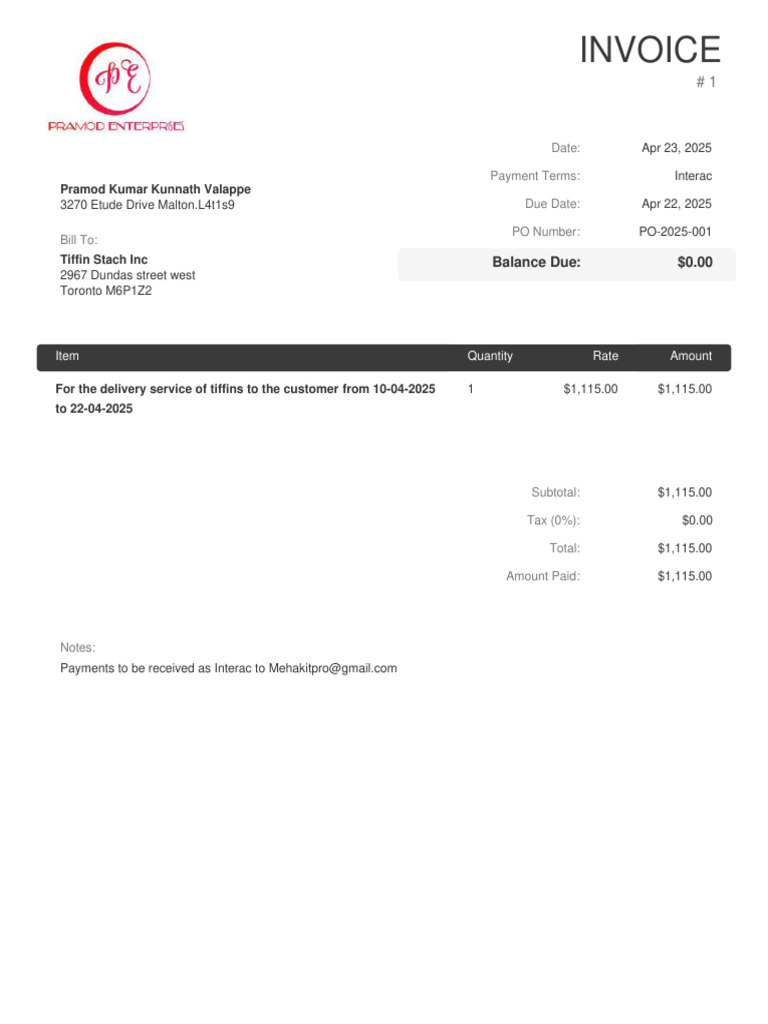 Invoice for Tiffin Delivery Service | PDF