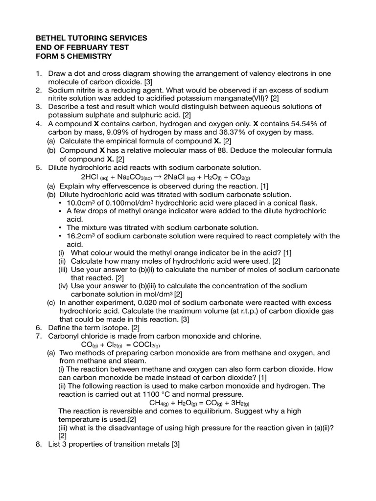 Chemistry Test Questions for Form 5 | PDF | Acid | Chemical Reactions