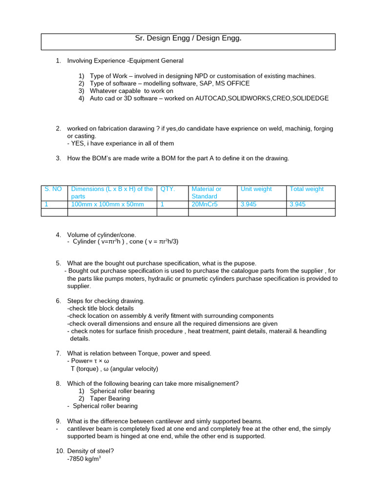 Senior Design Engg-Questionnaire | PDF