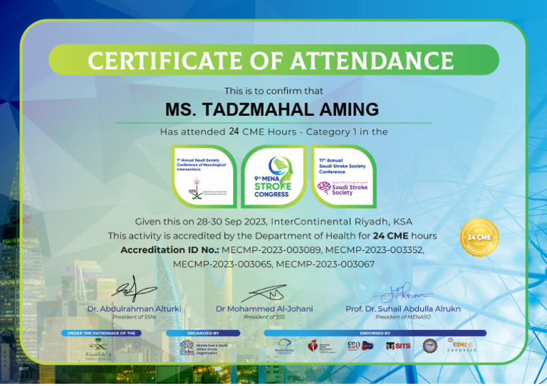 Certificate of Attendance 9th MENA Stroke Congress - DOH | PDF