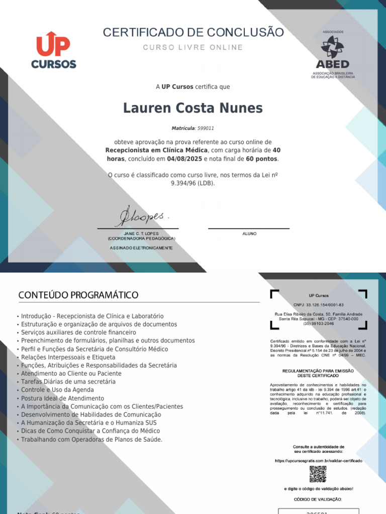 Certificado de Recepcionista em Clínica | PDF