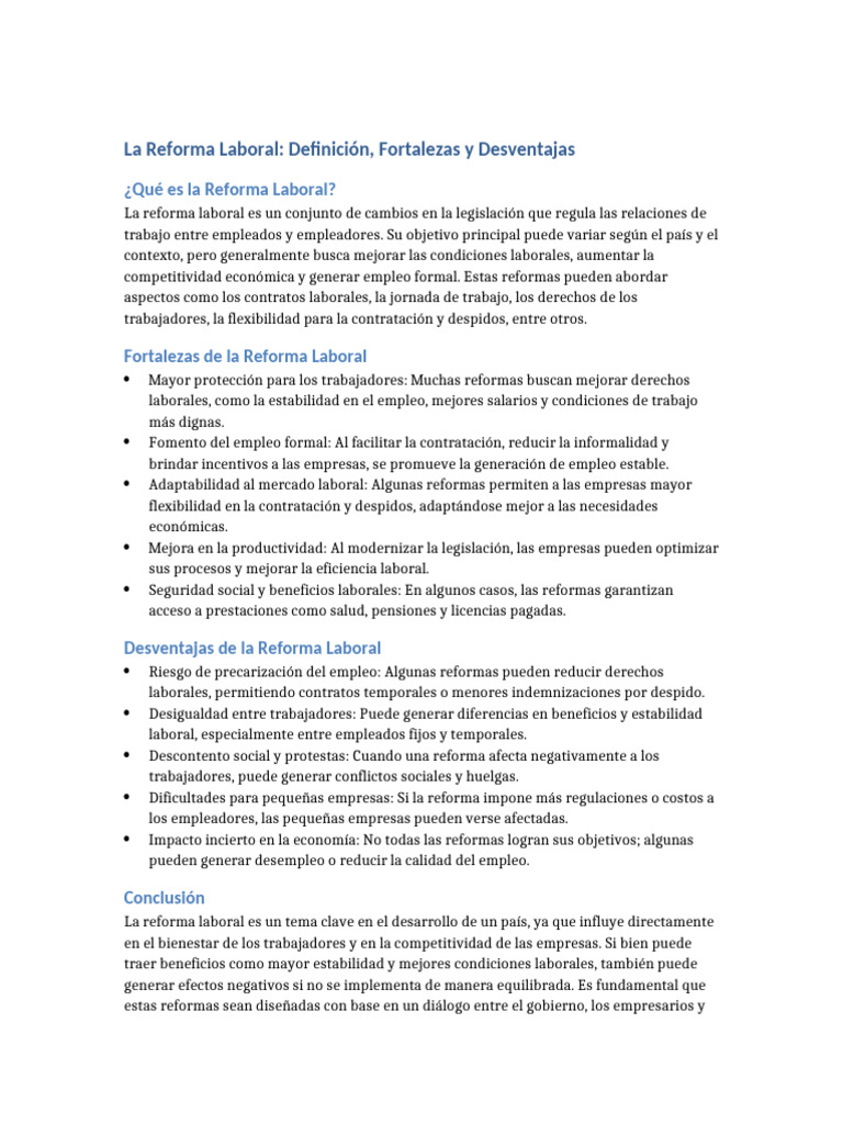 Fortalezas y Desventajas de la Reforma Laboral | PDF | Derecho laboral ...