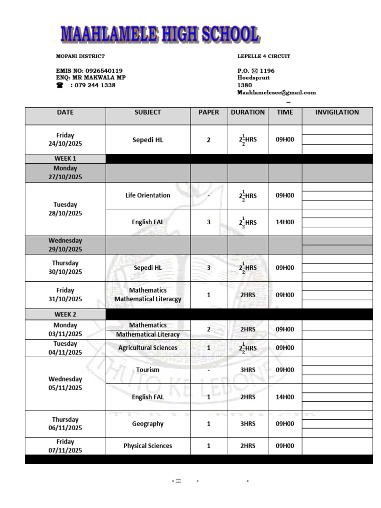 Grade 10 Time Table November | PDF