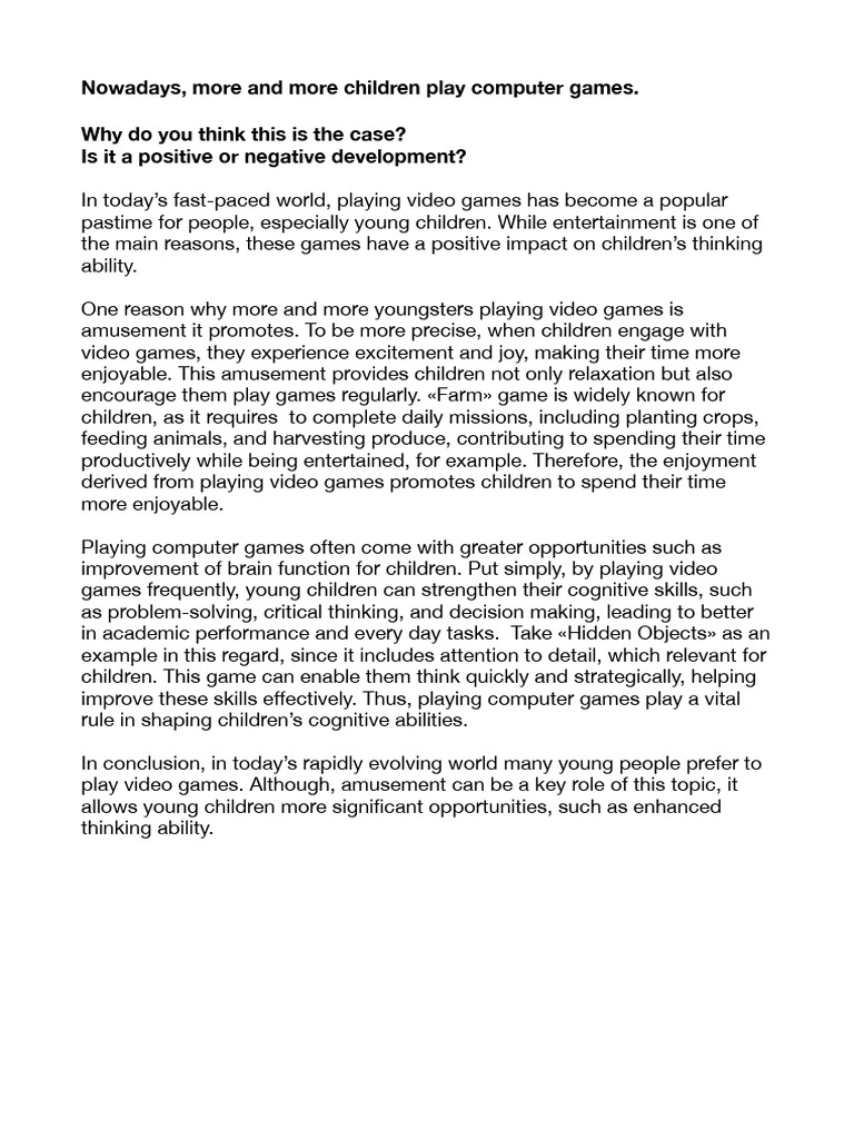 Impact of Video Games on Children's Skills | PDF