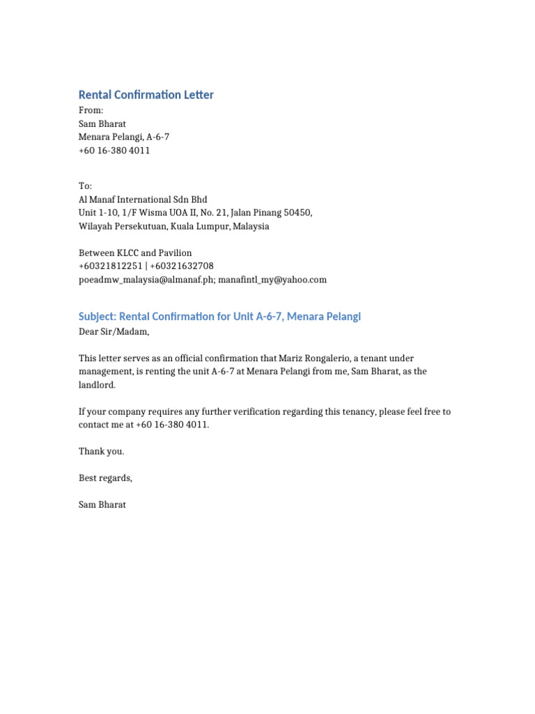 Rental Confirmation Letter Corrected | PDF