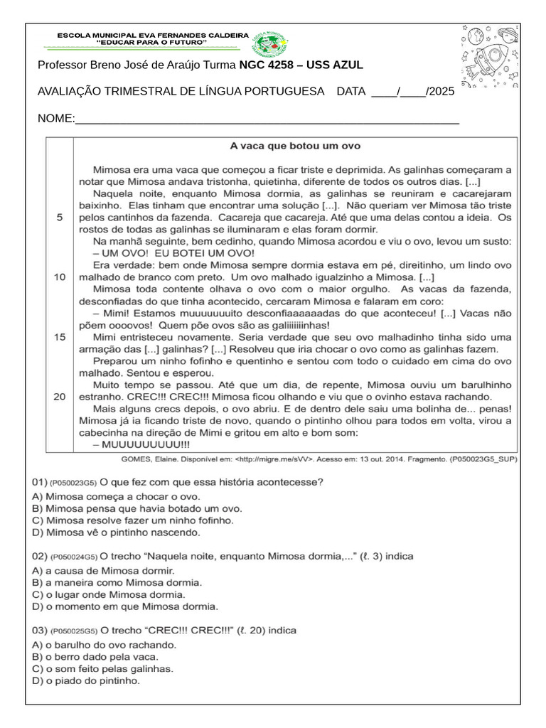 Avaliação Trimestral de Língua Portuguesa 2 Trimestre | PDF