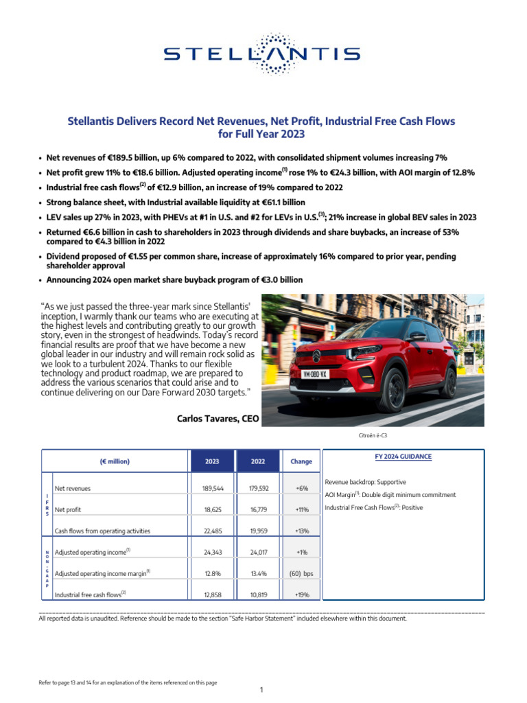 Stellantis 2023 Financial Highlights | PDF | Earnings Per Share | Expense