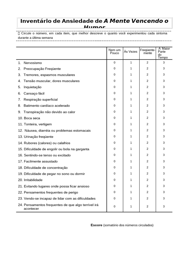 Inventário de Sintomas de Ansiedade | PDF | Ansiedade | Doenças e ...
