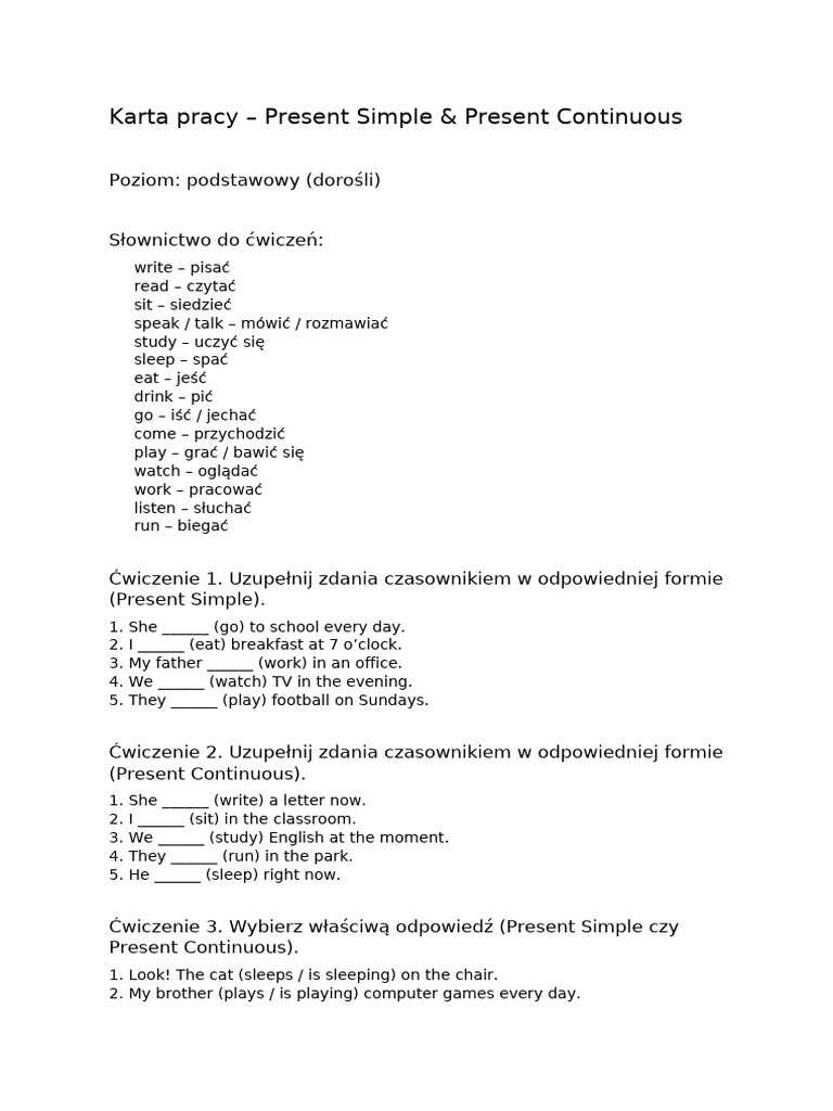Karta Pracy Present Simple Continuous PL | PDF