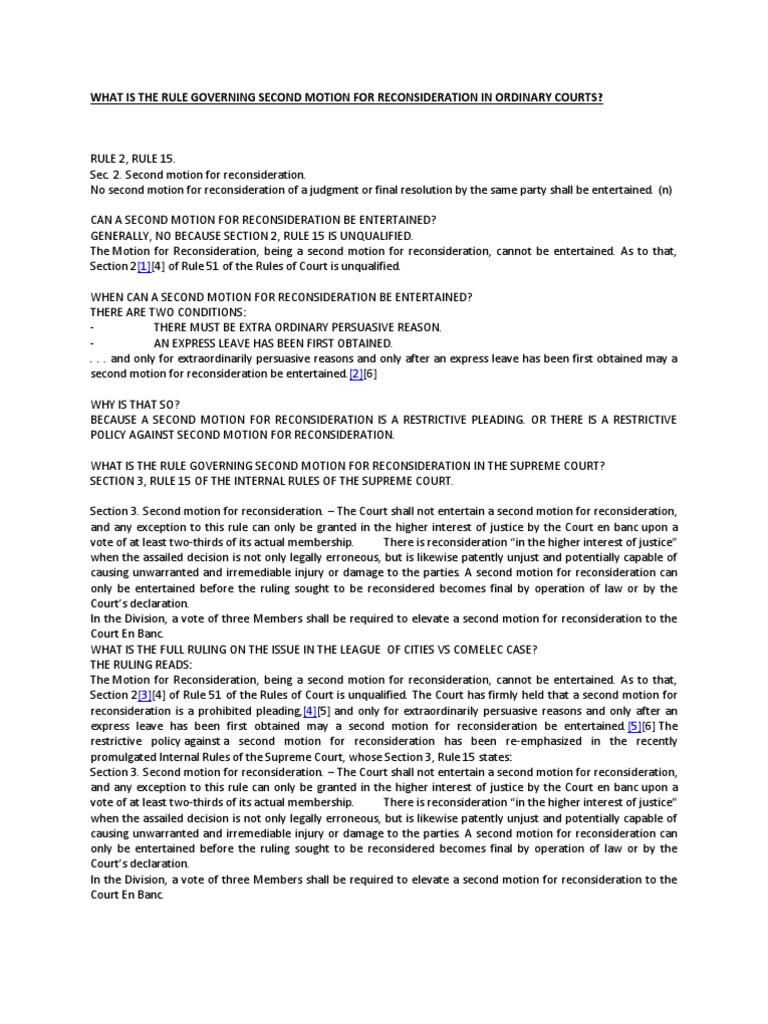 What Is The Rule Governing Second Motion For Reconsideration in
