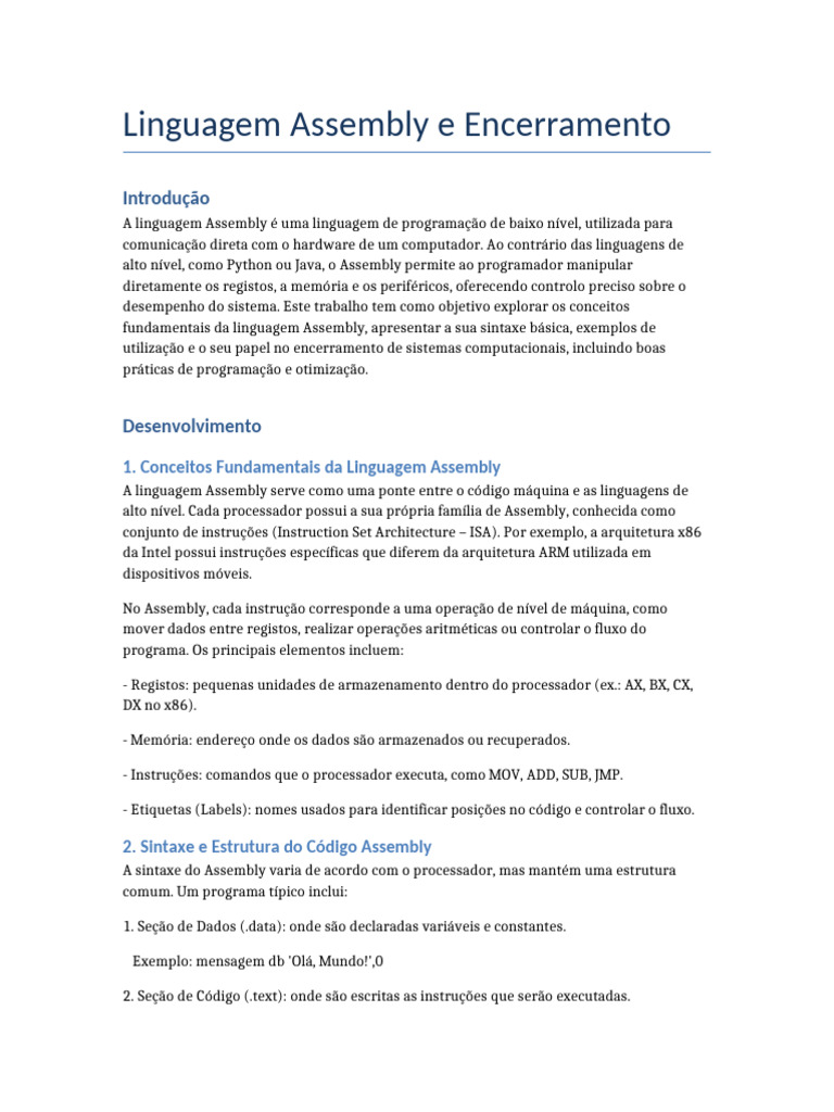 Introdução à Linguagem Assembly e Encerramento | PDF | Linguagem ...