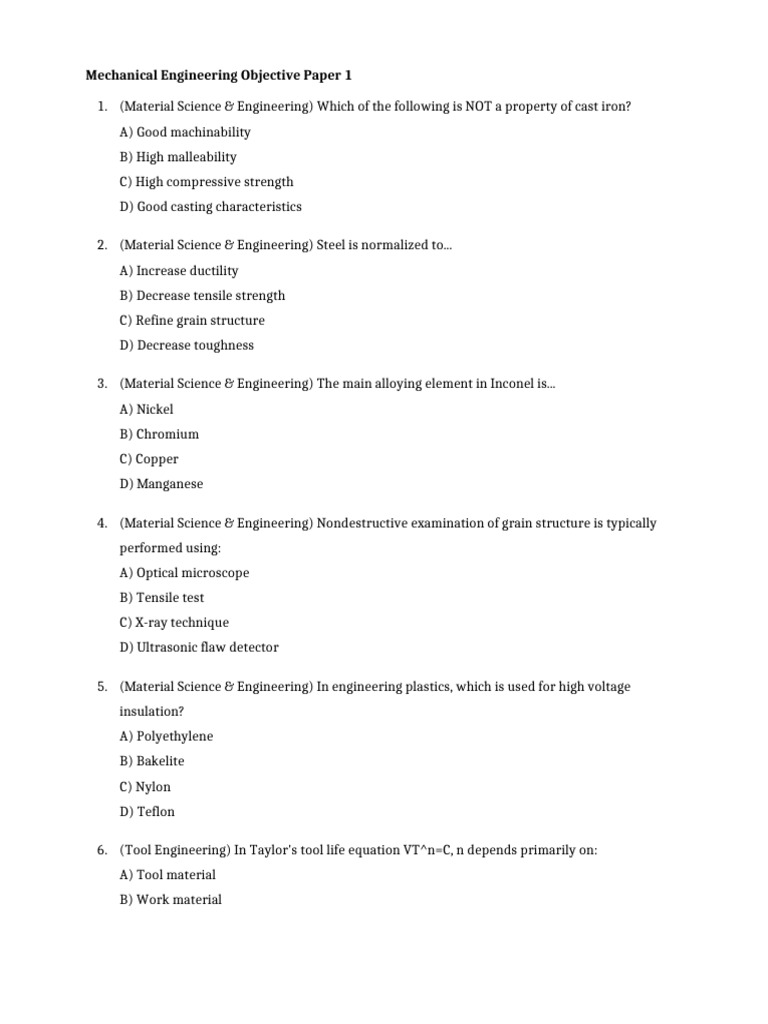 Mechanical Engineering Objective Questions | PDF | Strength Of ...