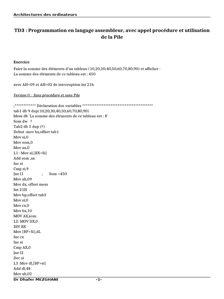 Somme tableau en assembleur avec procédures | PDF | Logiciel ...