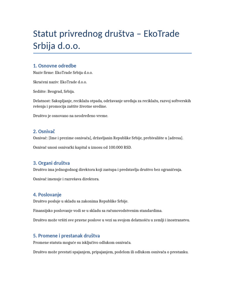 Statut EkoTrade Doo | PDF