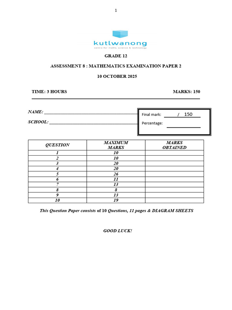 Grade 12 Mathematics Exam Paper 2 | PDF | Circle | Scatter Plot
