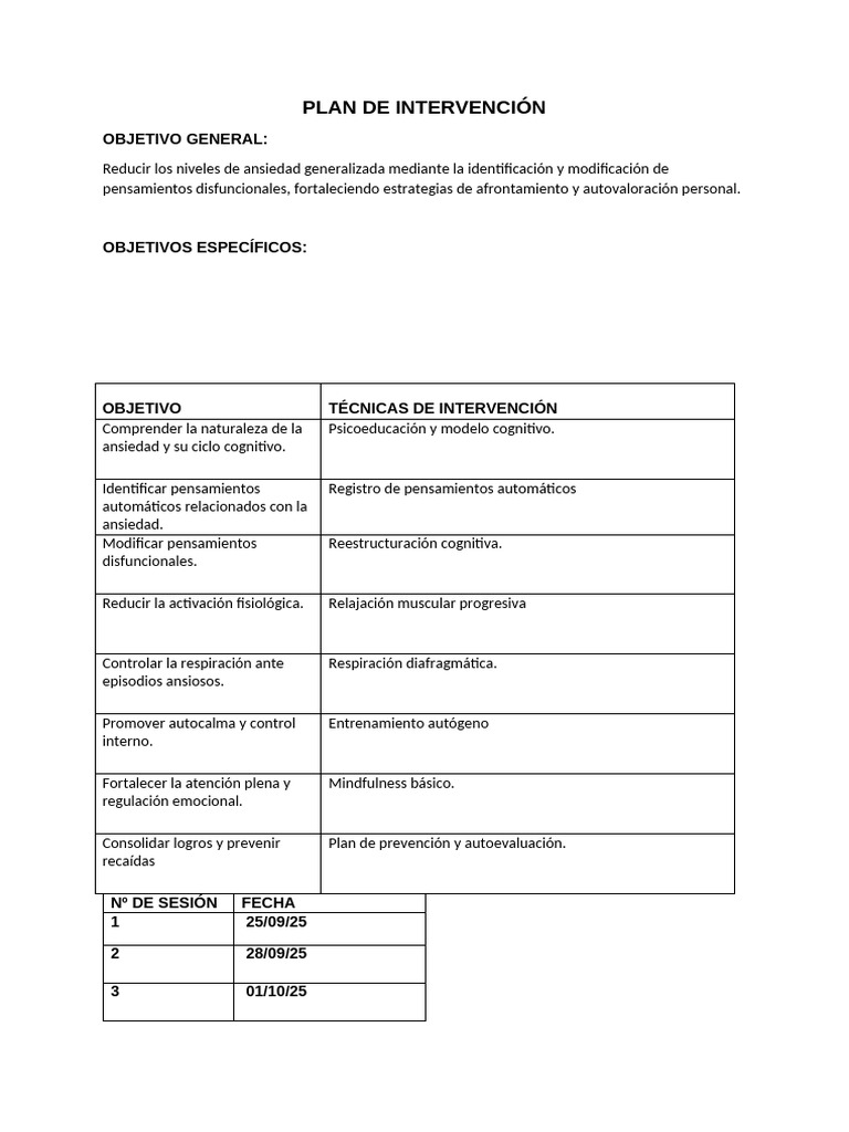 Plan de Intervención para Ansiedad | PDF | Terapia cognitiva | Las ...