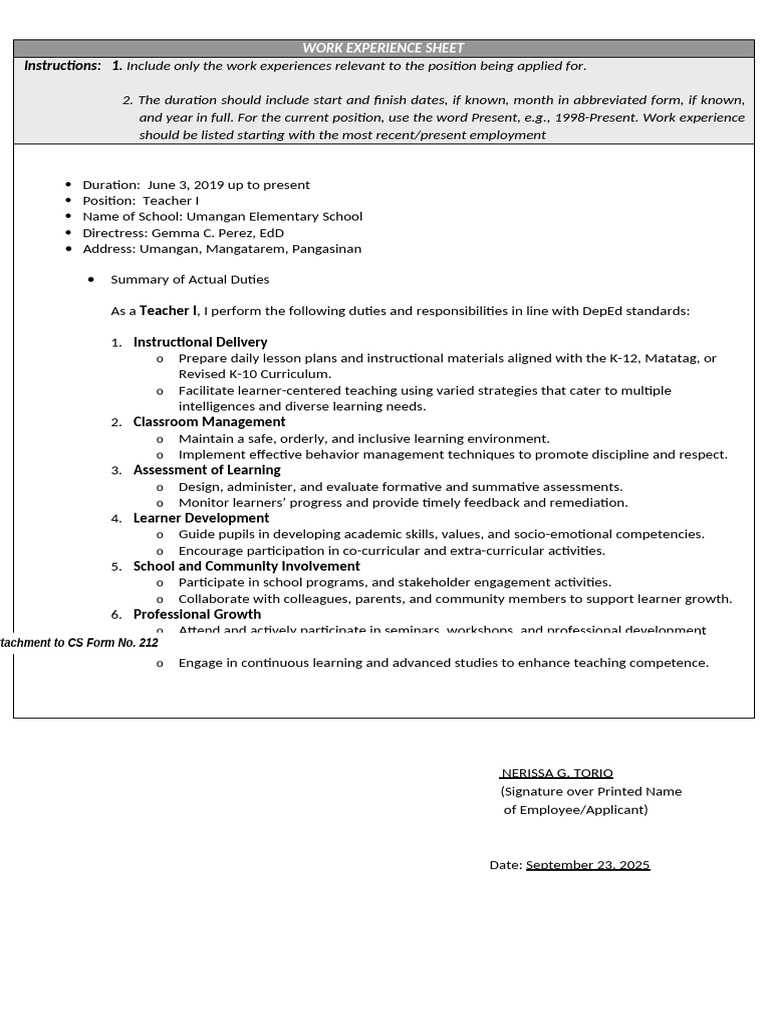 Work Experience Sheet for Teacher I | PDF | Learning | Educational ...