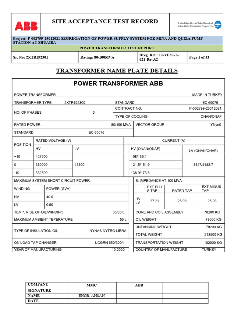 Power Transformer Test Report P-002799 | PDF | Transformer | Insulator ...