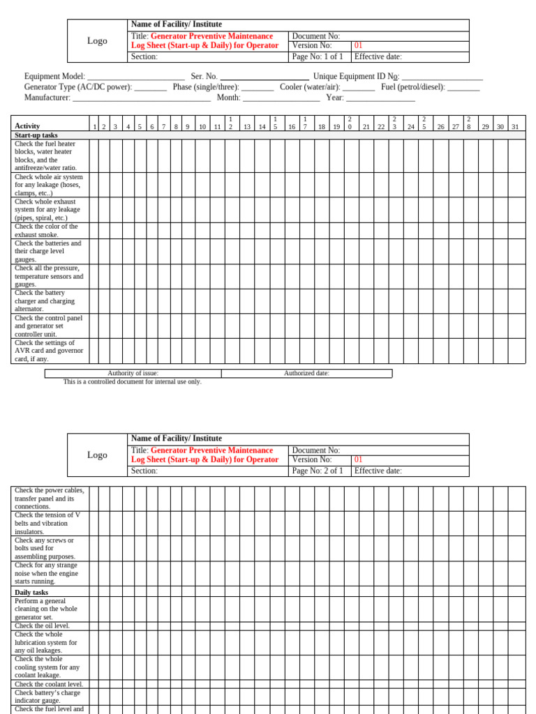 Generator Maintenance Log Sheet | PDF | Electric Generator | Oil