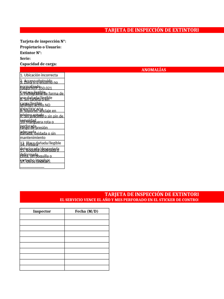 Tarjeta de Inspección de Extintores | PDF