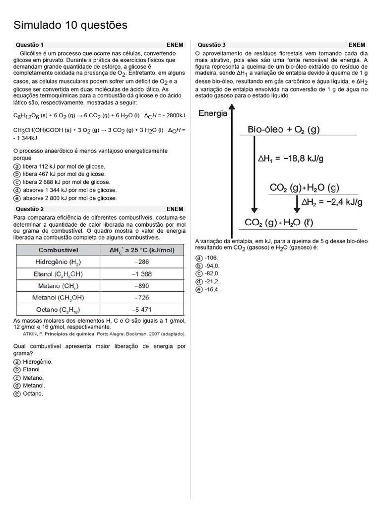 Questões de Química ENEM e FUVEST | PDF | Combustão | Reações químicas
