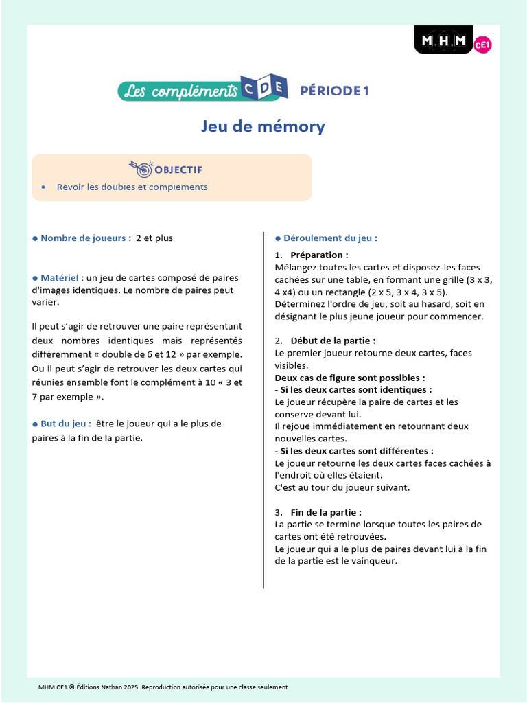 Jeu de mémory : doubles et compléments | PDF | Jeux de cartes | Jeux de ...