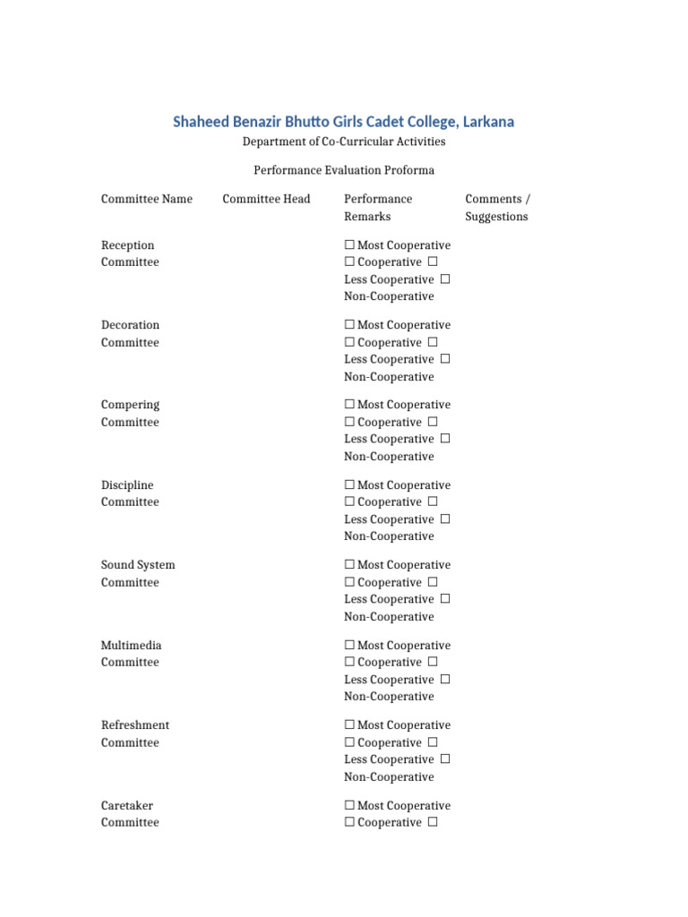 Co-Curricular Activities Performance Proforma | PDF