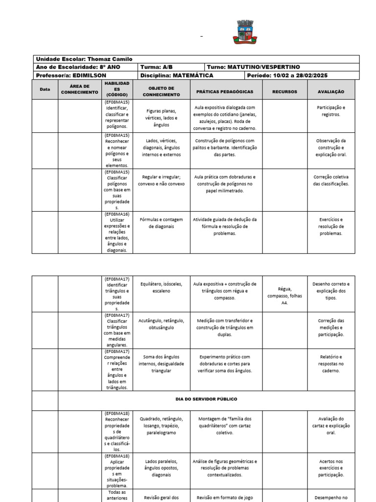 Planejamento de Matemática 8º Ano SEDUC | PDF | Triângulo | Geometria ...
