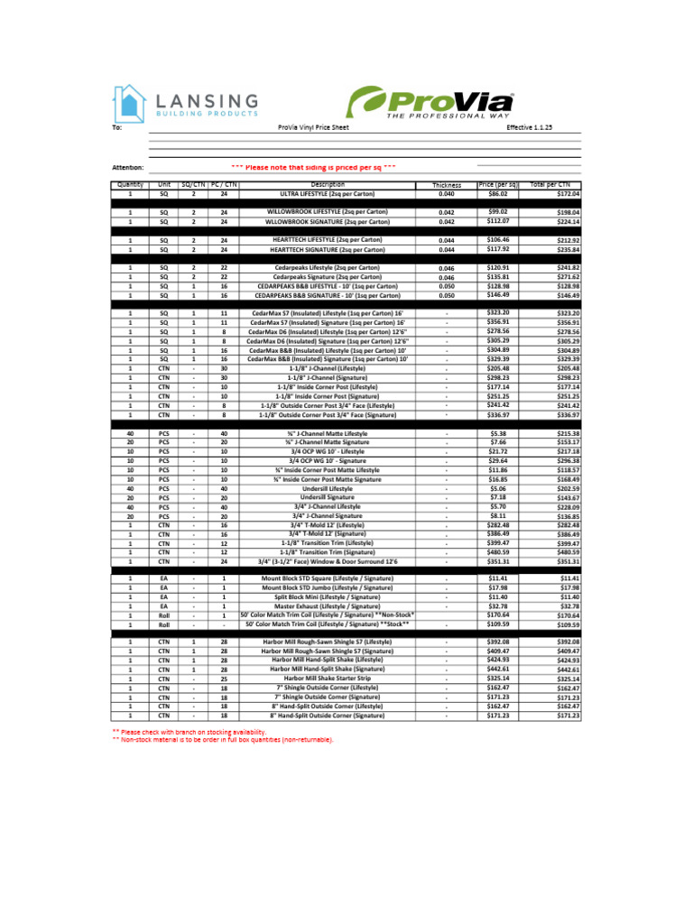 Provia Door Price List