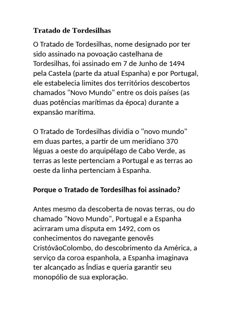 Tratado de Tordesilhas: Divisão do Novo Mundo | PDF