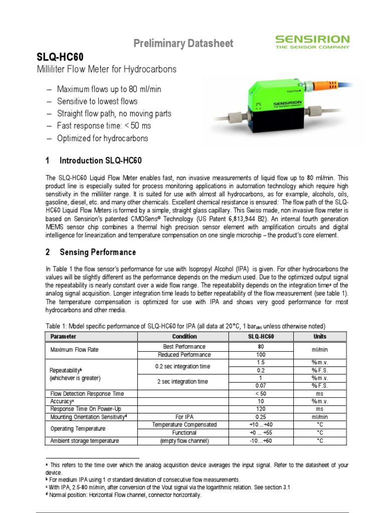 Datasheet Liquid Flow Meter SLQ HC60 | PDF | Flow Measurement | Sensor