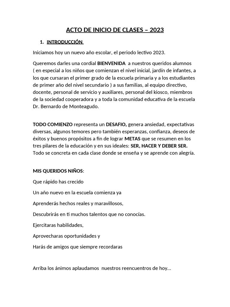 Acto de Inicio de Clases - Ines Bray | PDF | Educación de la primera ...