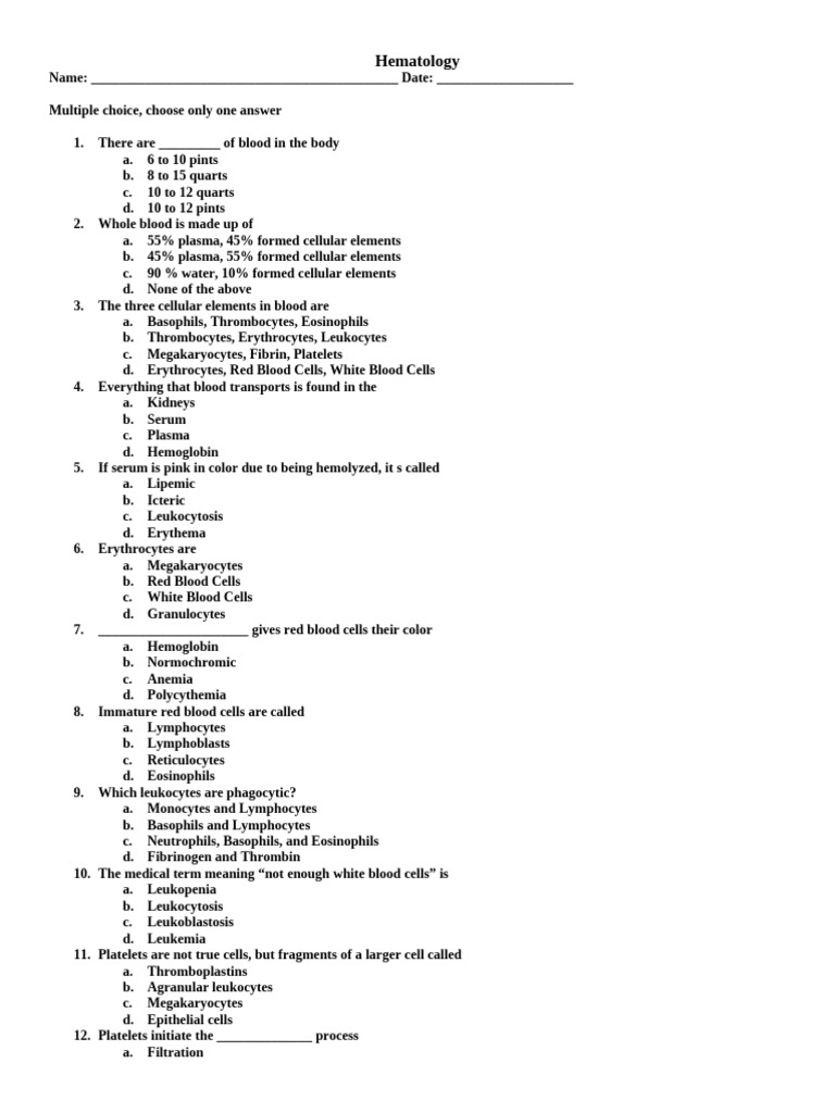 Hematology Quiz: Blood Basics | PDF | White Blood Cell | Anemia