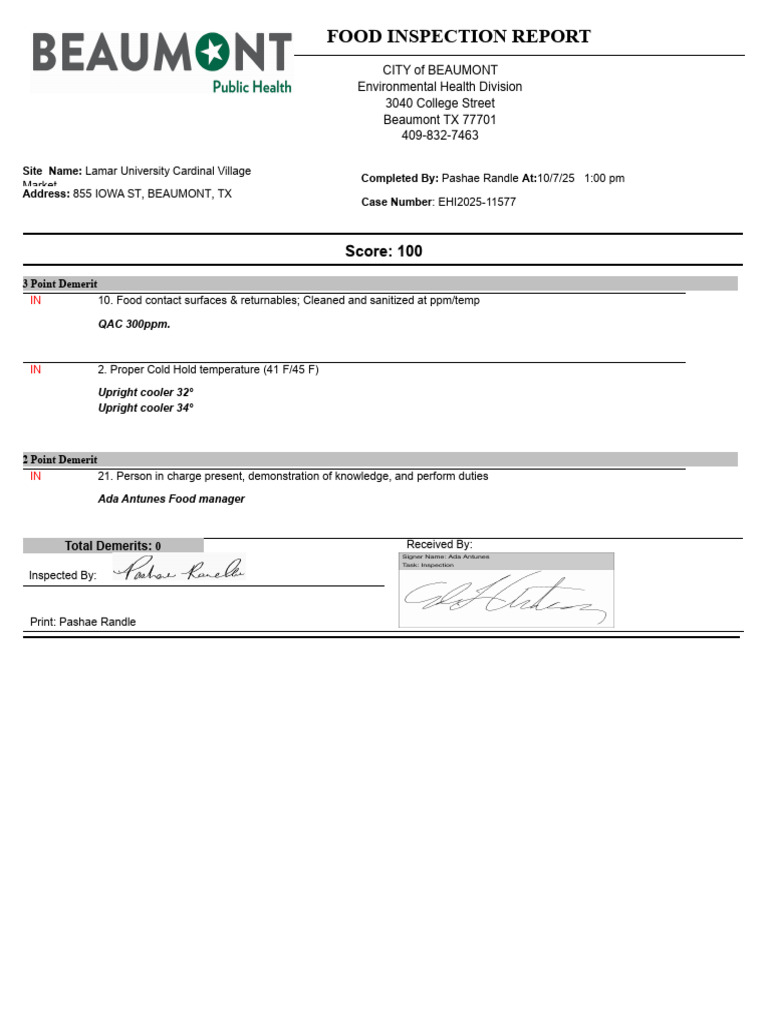 Cardinal Village Market Inspection Score 100 | PDF