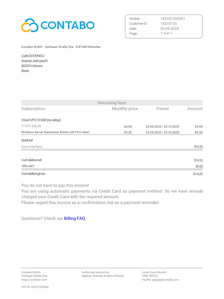 Contabo Subscription Invoice Details | PDF